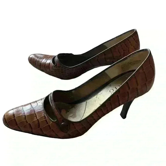 Franco Sarto Brown Crocodile Leather Pumps Size 7 1/2 Pointed Toe MaryJane Heels - Picture 5 of 8